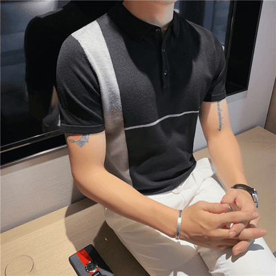 New Color-Blocking Striped Slim Stretch Knit Short-Sleeved T-Shirt