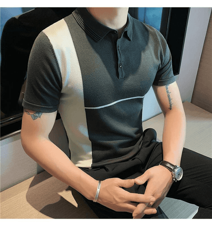 New Color-Blocking Striped Slim Stretch Knit Short-Sleeved T-Shirt