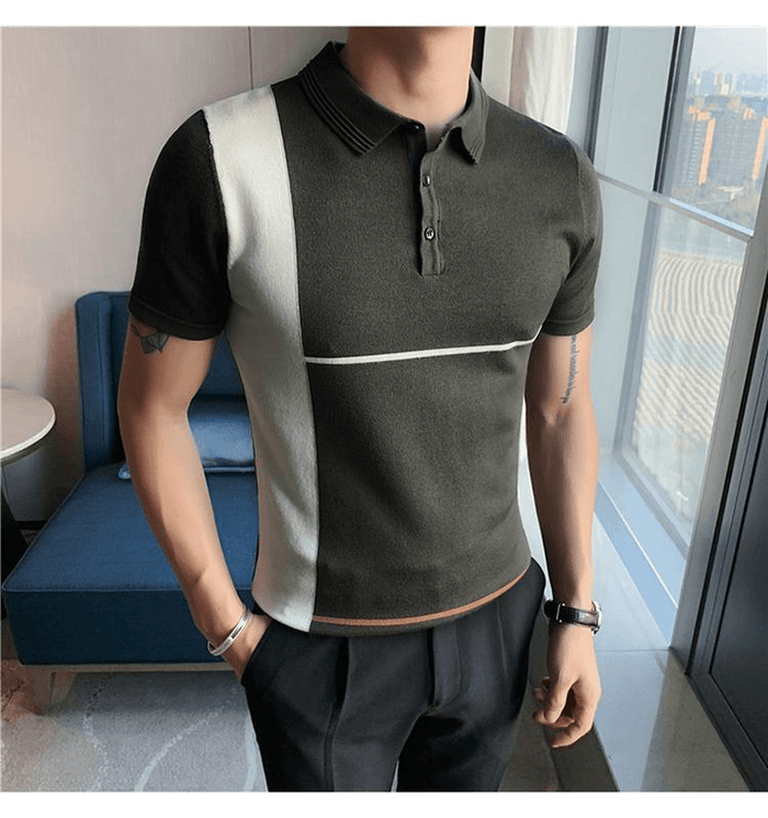 New Color-Blocking Striped Slim Stretch Knit Short-Sleeved T-Shirt