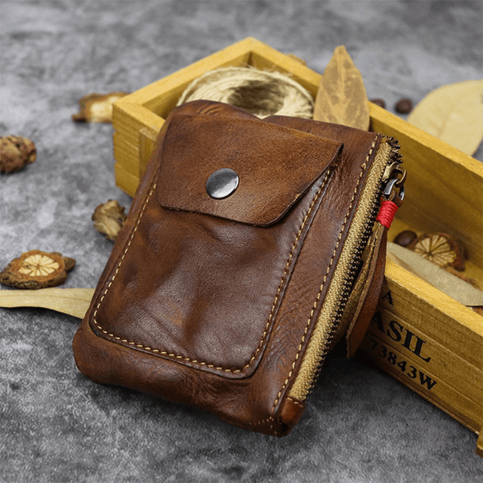 Men Genuine Leather Vegetable Tanned Leather Thin Zipper Wallet - Stylish and Practical