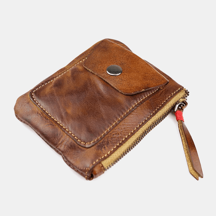 Men Genuine Leather Vegetable Tanned Leather Thin Zipper Wallet - Stylish and Practical