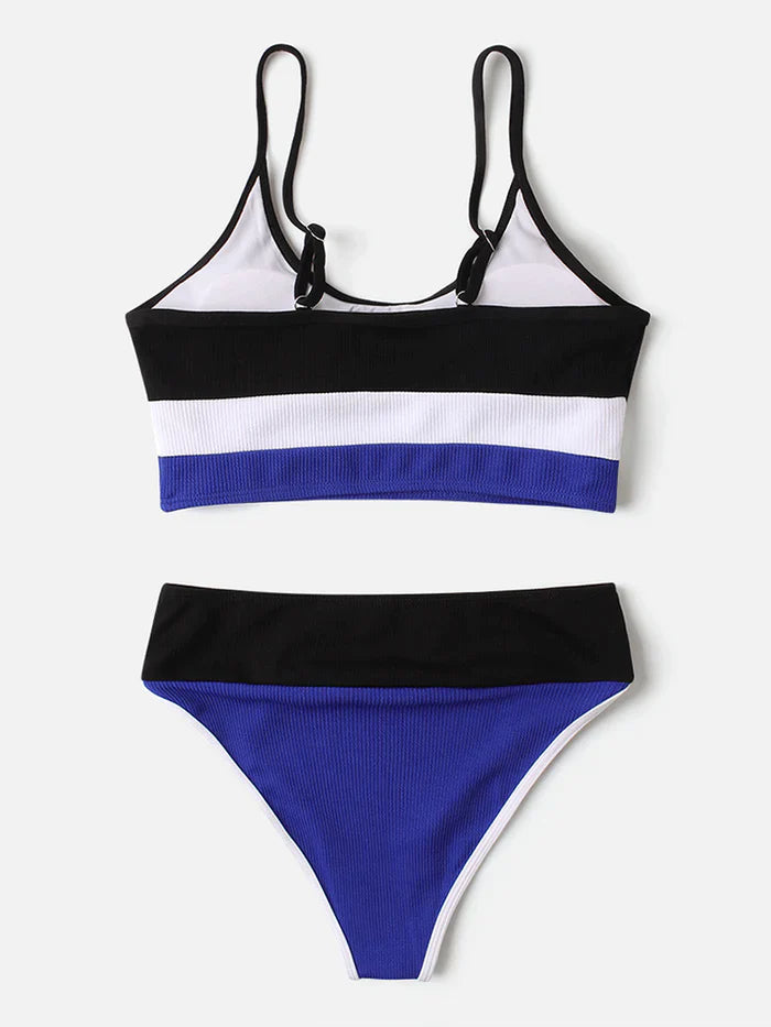 Women Stripe Patchwork High Waist Bikini Backless Beachwear