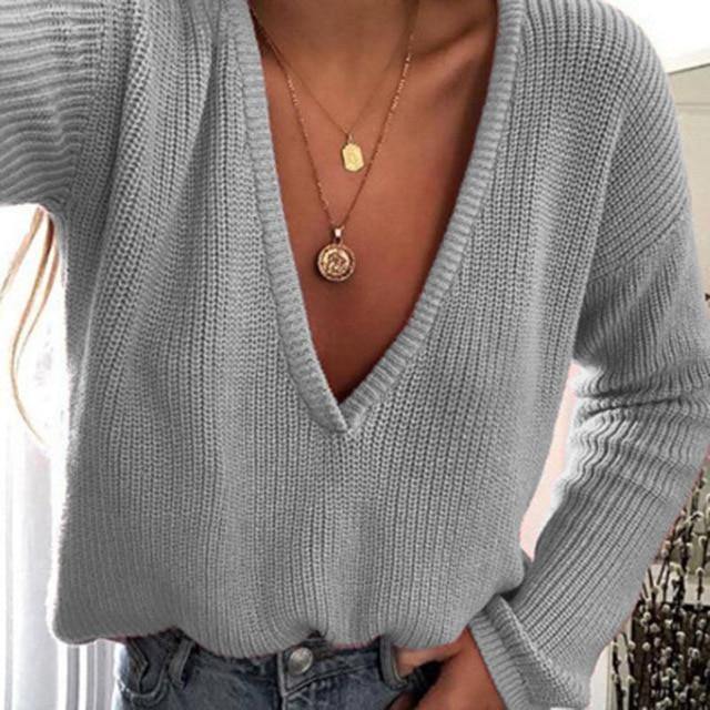 Elegant Autumn Winter Sweater Women's Knitted Sweaters Women Deep V Neck Sweaters casual Female Tops Pull Femme