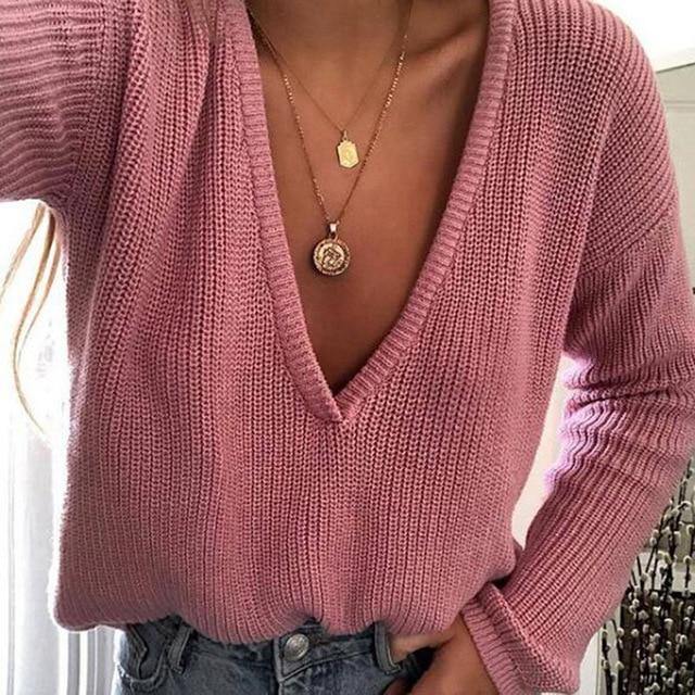 Elegant Autumn Winter Sweater Women's Knitted Sweaters Women Deep V Neck Sweaters casual Female Tops Pull Femme