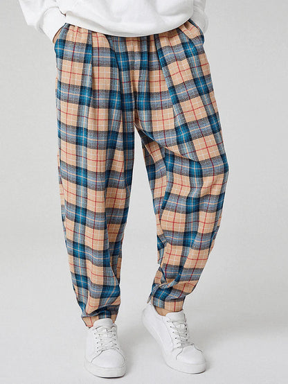 Men's Tartan Elastic Waist Drawstring Magic Straps Cuff Jogger Pants with Pocket