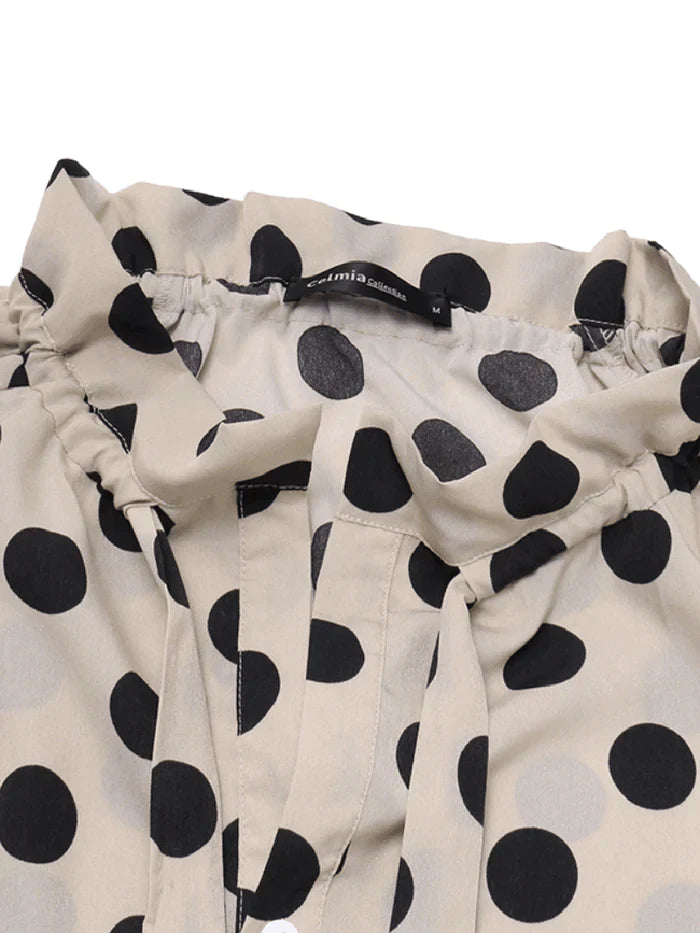 Polka Dots Printing Lantern Sleeve Neckline Bow Tie Casual Blouse for Women