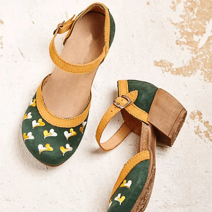 Women Embroidery round Toe Ankle Strap Comfy Casual Heels Pumps