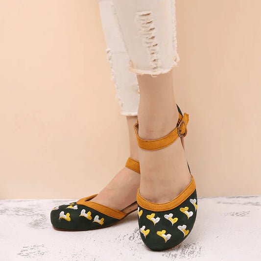 Women Embroidery round Toe Ankle Strap Comfy Casual Heels Pumps