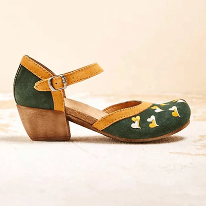 Women Embroidery round Toe Ankle Strap Comfy Casual Heels Pumps