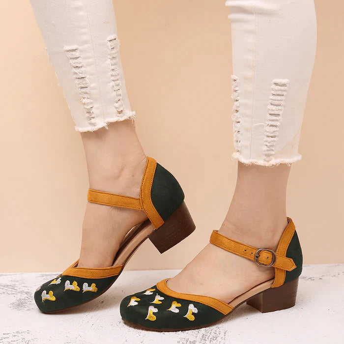 Women Embroidery round Toe Ankle Strap Comfy Casual Heels Pumps