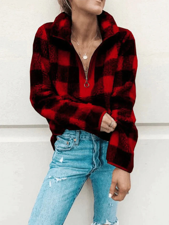 Women Fleece Plaid V-Neck Half Zip Casual Long Sleeve Sweatshirts