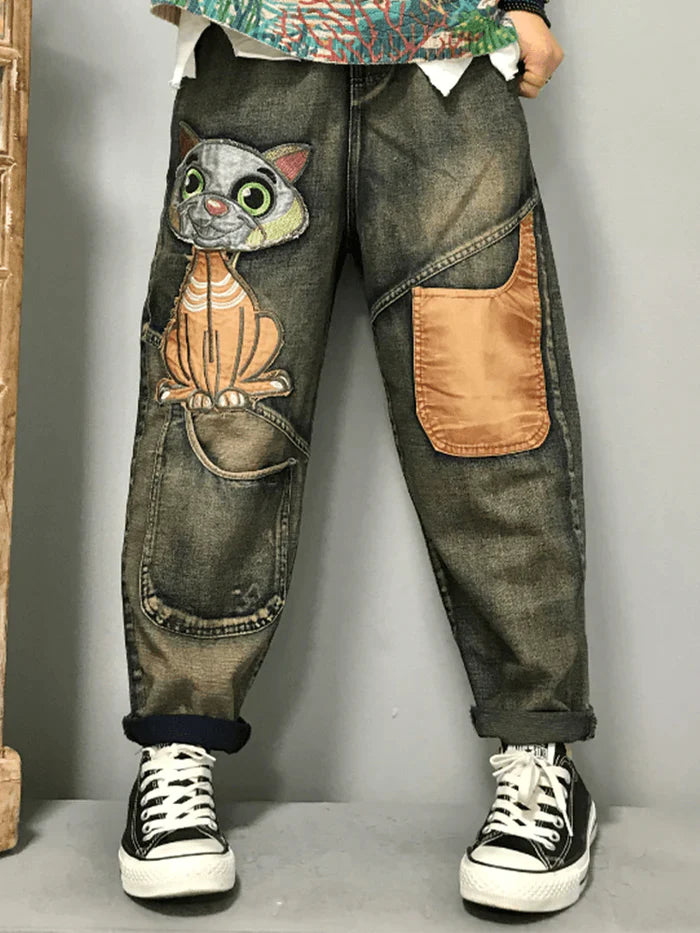 Women Cat Embroidery Patchwork Mid Waist Loose Denim Harem Jeans