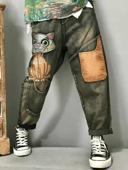 Women Cat Embroidery Patchwork Mid Waist Loose Denim Harem Jeans