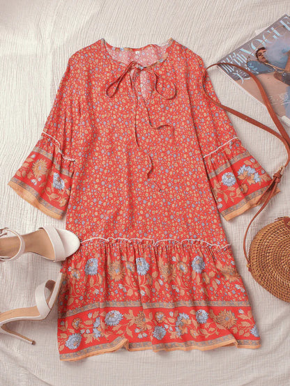 Bohemian Floral Print V Neck Summer Beach Mini Dress