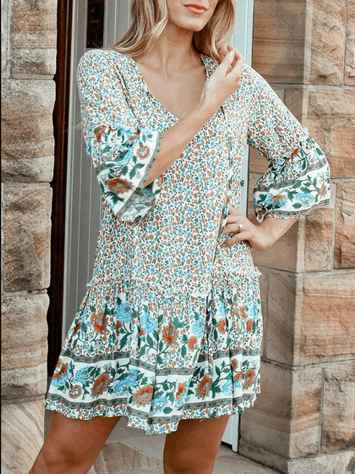 Bohemian Floral Print V Neck Summer Beach Mini Dress