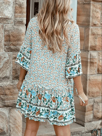 Bohemian Floral Print V Neck Summer Beach Mini Dress