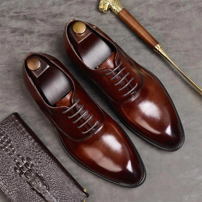 Genuine Leather Oxford Shoes - Formal Wedding Shoes with Laces and Brogue Details