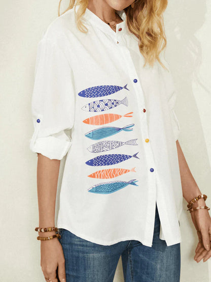 Fish Print Colorful Button Stand Collar Casual Long Sleeve Shirts for Women