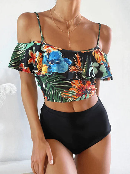 Tropical Plant Print Ruffle Spaghetti Straps High Waisted Bikinis Women Swimsuit