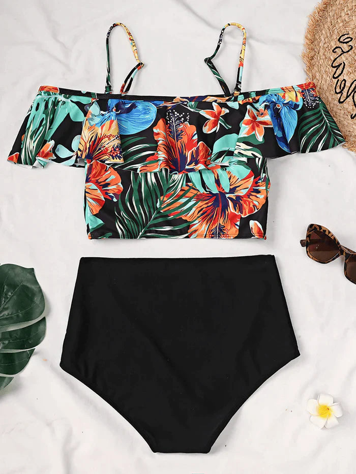 Tropical Plant Print Ruffle Spaghetti Straps High Waisted Bikinis Women Swimsuit