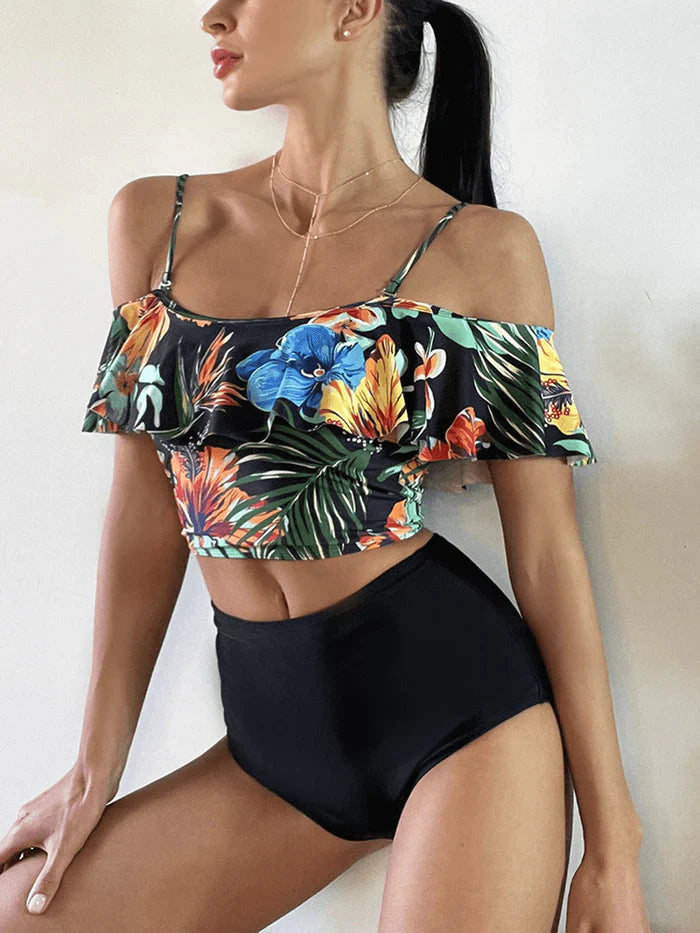 Tropical Plant Print Ruffle Spaghetti Straps High Waisted Bikinis Women Swimsuit